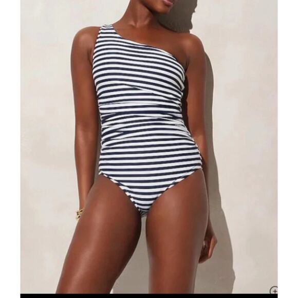 J. Crew Other - J Crew Sleek Ruched One Shoulder Dark Evening Stripe One Piece Swimsuit Size 10
